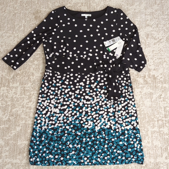 NWT Studio One NY Polka Dot Shift Dress w/Belt LP Black White Teal - Picture 2 of 16